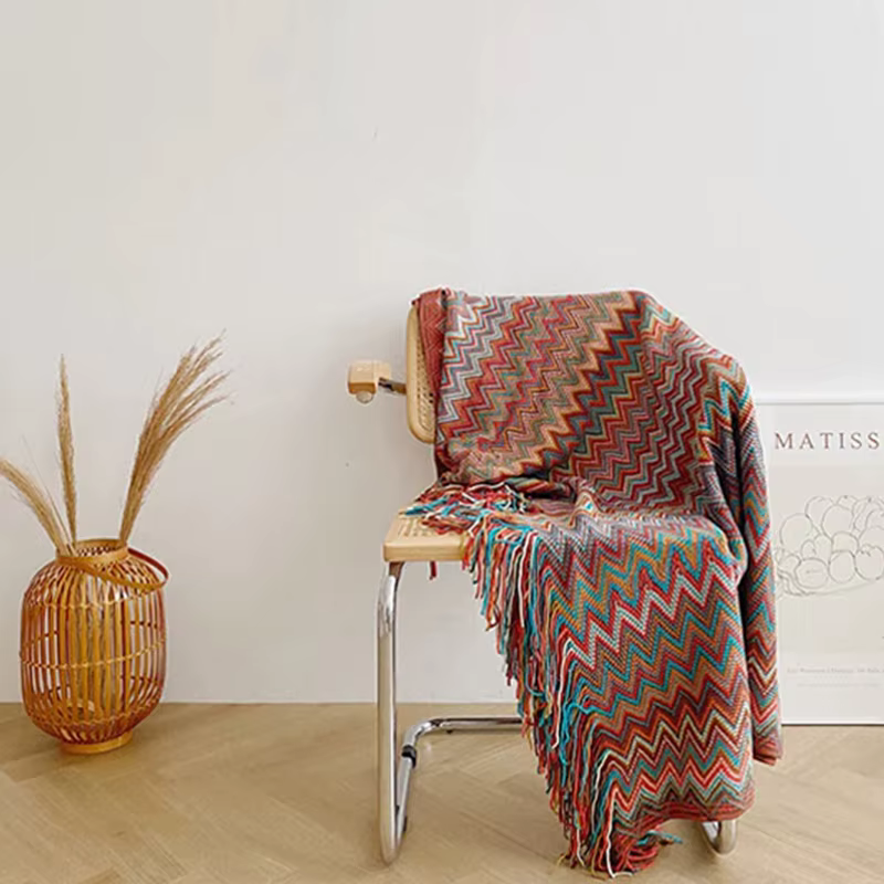 Couverture tricotée géométrique style Boho, Plaid pour lit, décor de maison, fil de voyage avec pomp