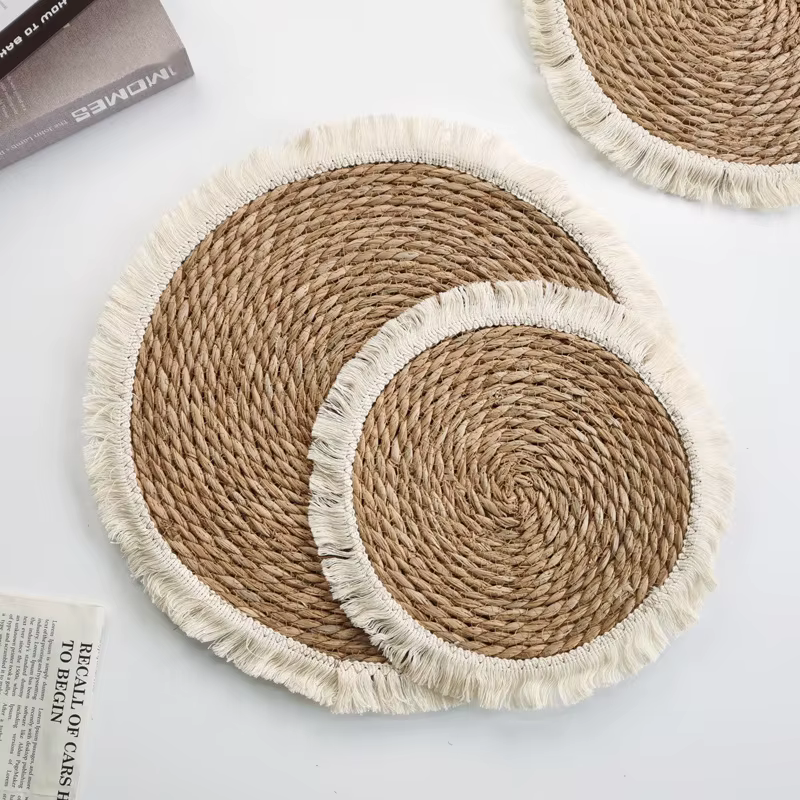 Napperon bohème en paille tissée avec pompon, polymères optiques, sous-verre de tasse de buissons, a