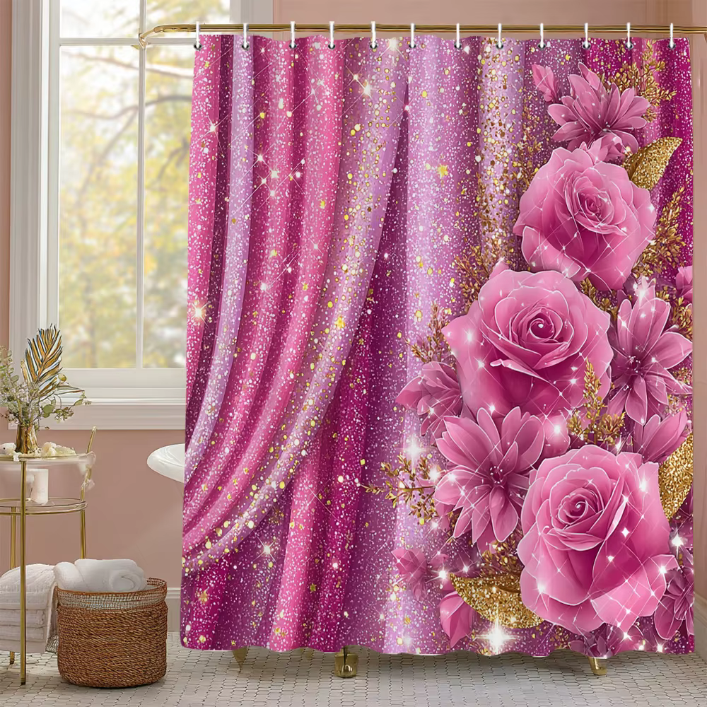 Rideau de douche à fleurs roses roses brillantes, rideau de douche décoratif pour salle de bain, rid