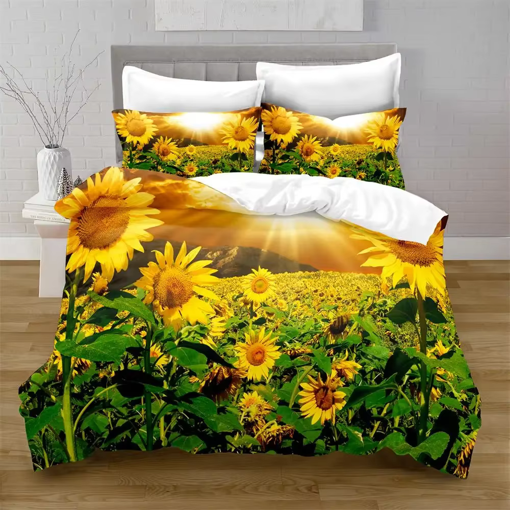 Ensemble de housse de couette tournesol, fleurs jaunes, tournesols luxuriants dans le terrain, ensem