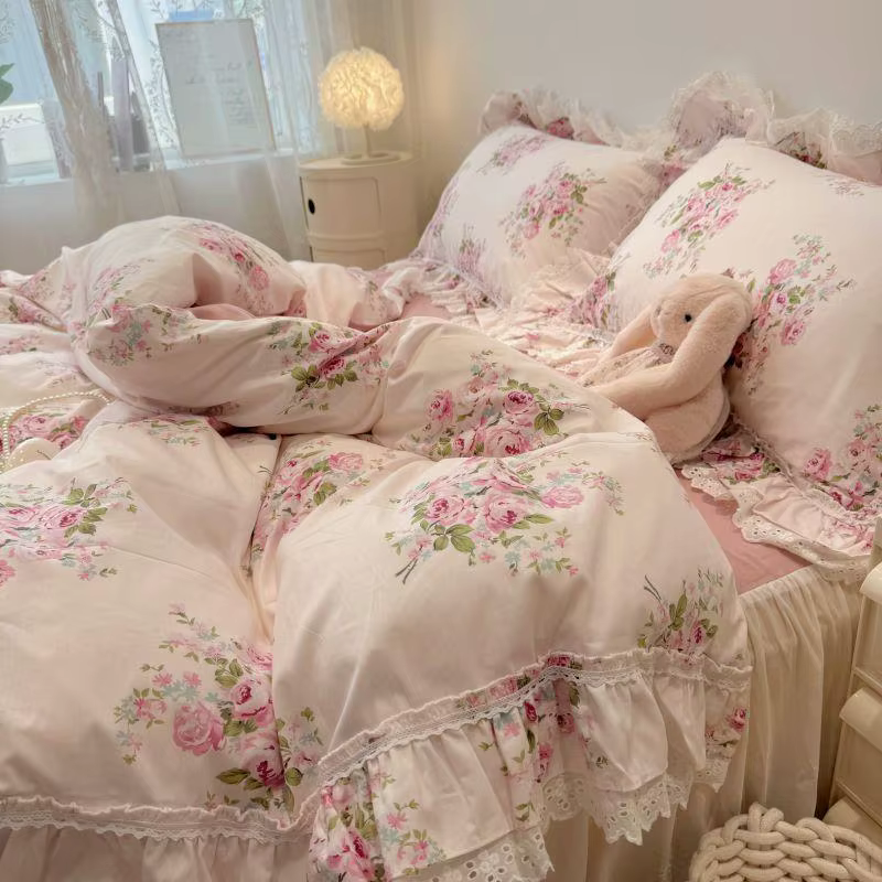 Ensemble de literie de style pastChevvintage, 100% coton, ultra doux, rose, floral, bord à volants, 