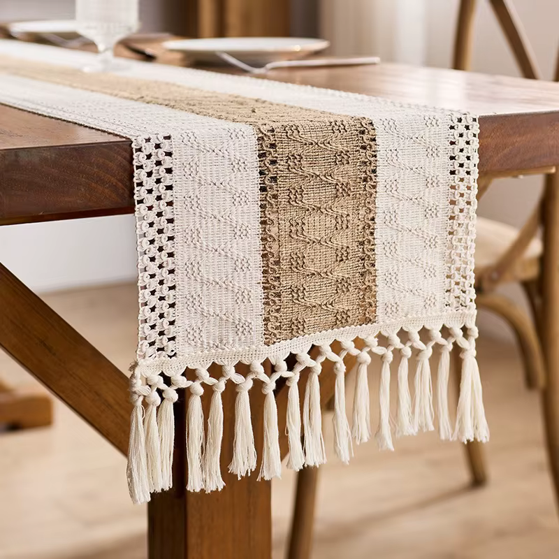Chemin de table en lin style bohème rustique pour la décoration de la maison, macramé avec pompons, 