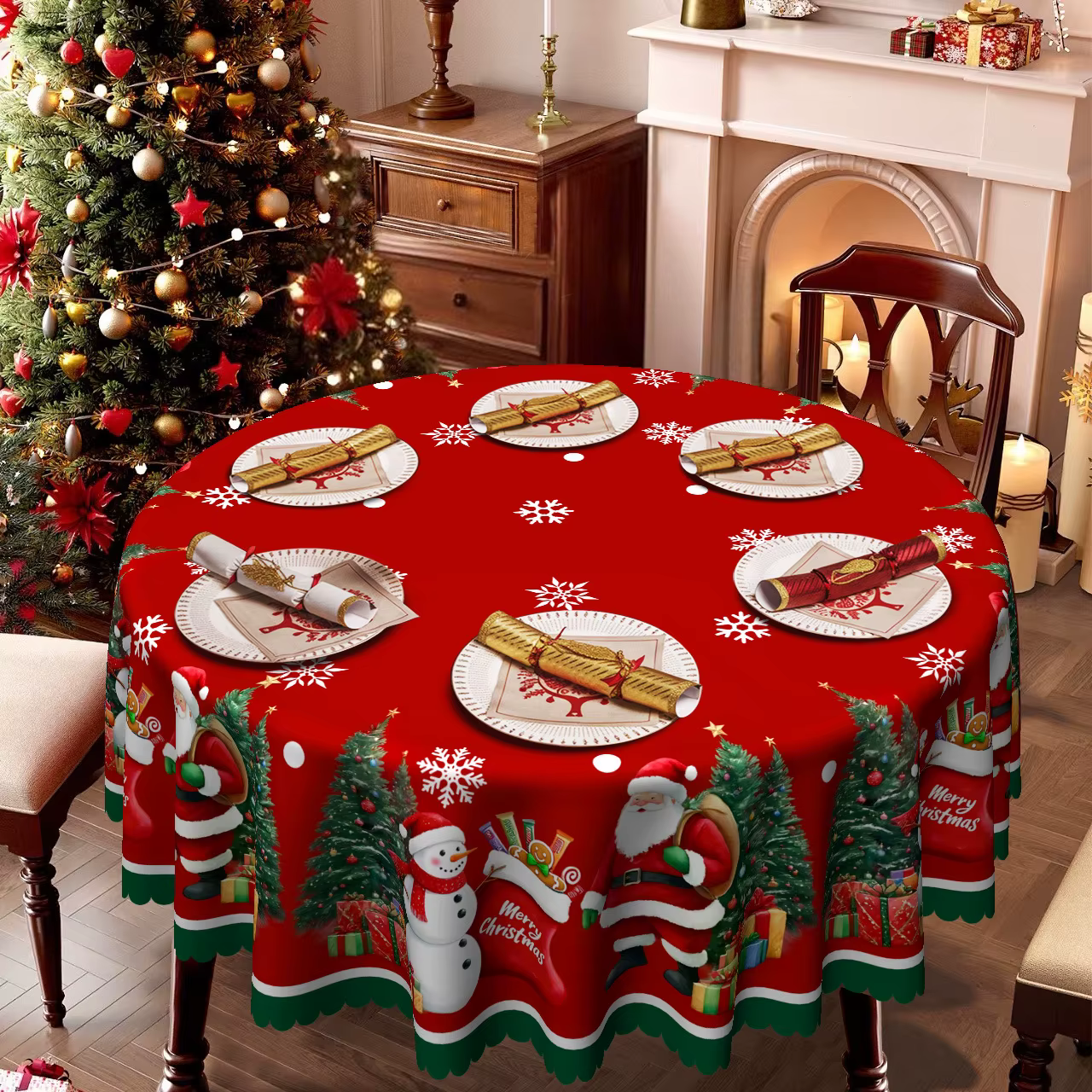 Nappe de noël, arbre de noël, bonhomme de neige, nappe décorative, cerf, flocon de neige, couverture