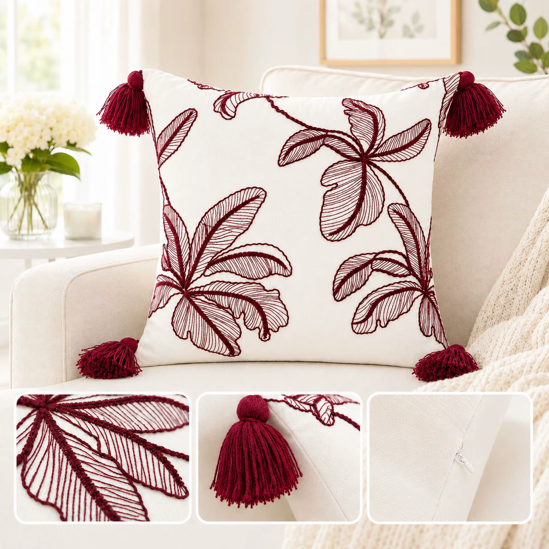 Housse de coussin bohème bordeaux avec feuilles brodées, housse de coussin texturée tissée avec fran