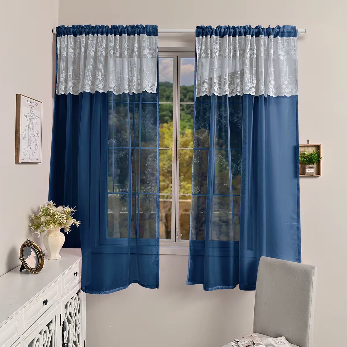 Rideaux Transparents Noirs avec Dentelle Blanche pour Salon et Chambre à Coucher, 2 Panneaux, Style 