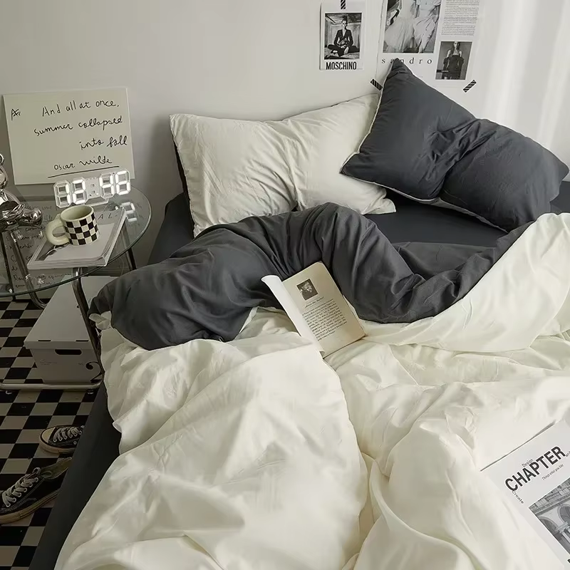 Parure de lit 4 pièces en coton double lavage couleur unie de haute qualité pour dortoir étudiant