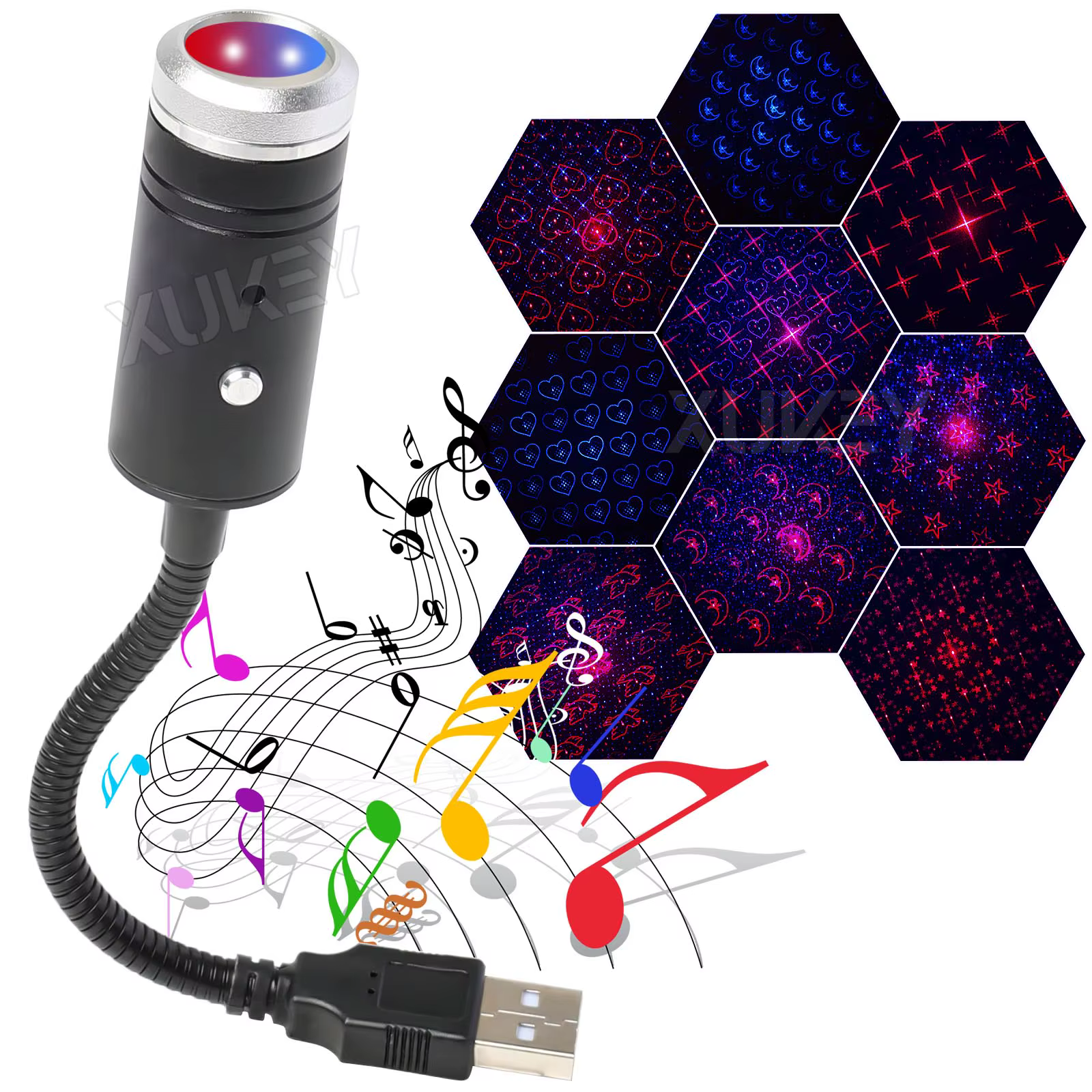 Stroboscope activé par le son bleu et rouge, décorations étoilées, plafond intérieur de voiture, vei