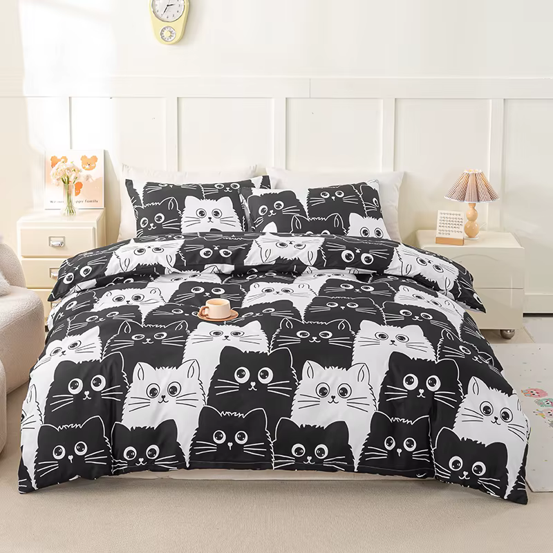 Ensemble de housse de couette imprimé chat 3 pièces, ensemble de literie doux et respectueux de la p