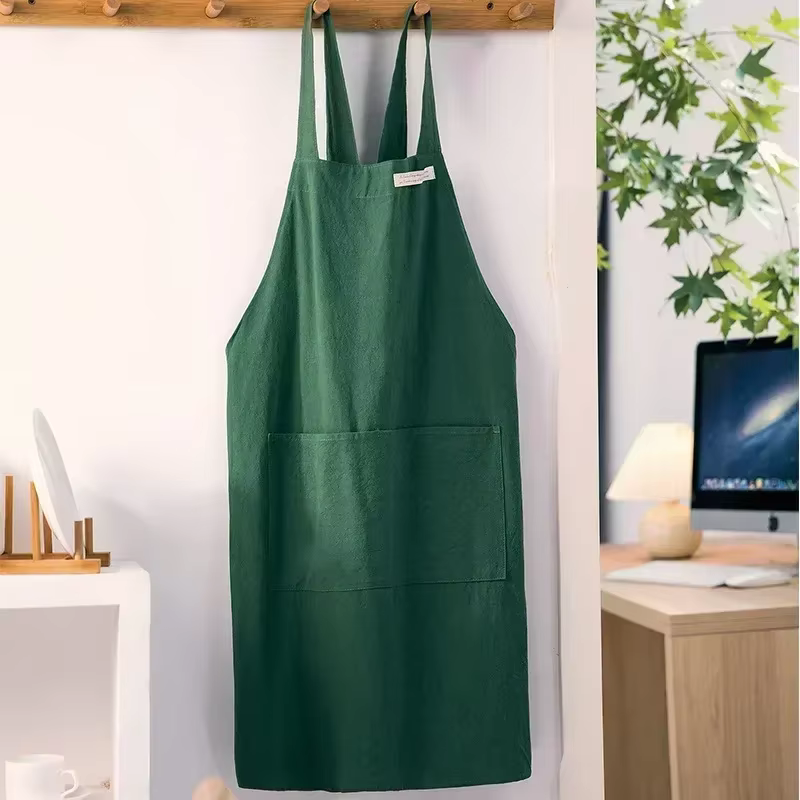 Tablier simple japonais et coréen pour femmes, en denim, en coton et lin, couleur unie, chemisier de