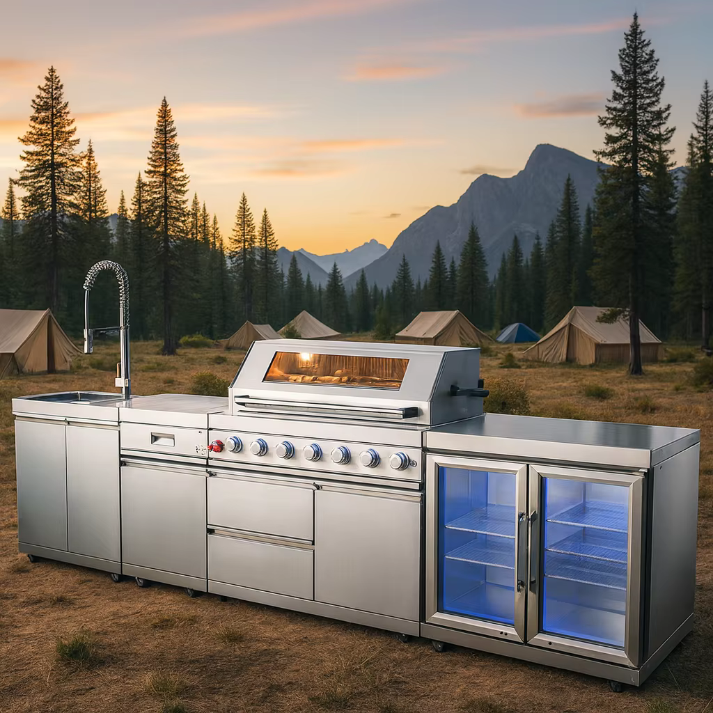 Îlot de cuisine extérieur modulaire en acier inoxydable 304 personnalisé avec barbecue à gaz intégré