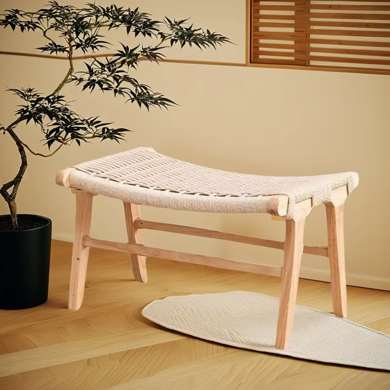 Tabouret bas tissé en bois massif fabriqué à la main, banc repose-pieds en rotin tissé en corde pour
