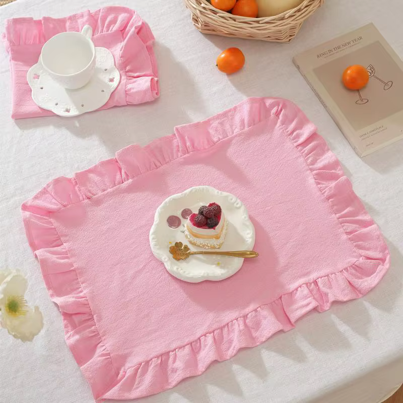 Ensemble de sets de table à volants rayés rose et bleu, décoration de table mignonne pour cuisine, s