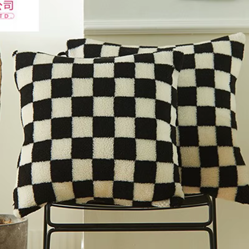 Housse de coussin en fausse fourrure noire, housse de coussin à carreaux pour canapé, salon, oreille