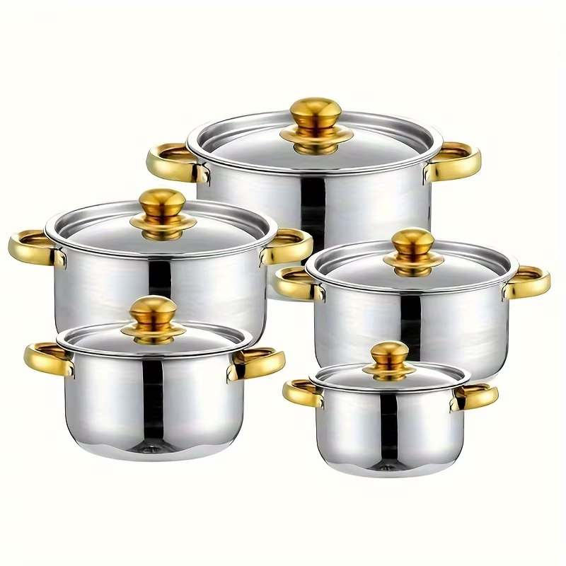 Ensemble d'ustensiles de cuisine en acier inoxydable doré, 5 pièces, poêles compatibles multi-usages
