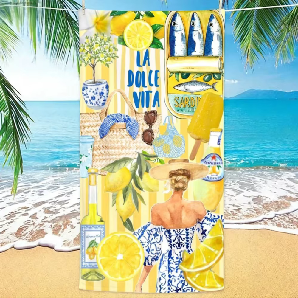 Serviette de plage à séchage rapide pour femmes, motif citron italien Dolce Vita, illustration rétro