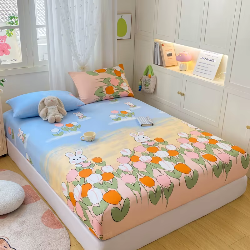Drap-housse élastique en coton lavé imprimé lapin de dessin animé 200x220 pour lit Queen, drap-houss