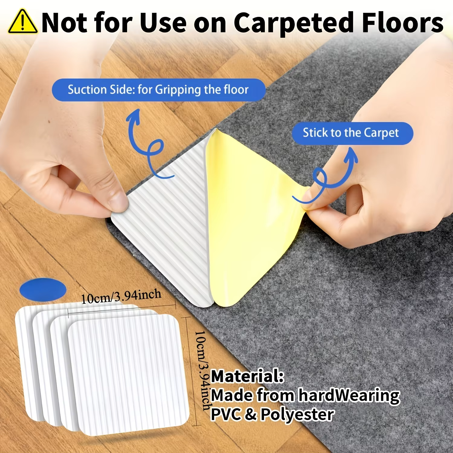 Lot de 4 sous-tapis antidérapants réutilisables et lavables, tapis antidérapant pour tapis et sols, 