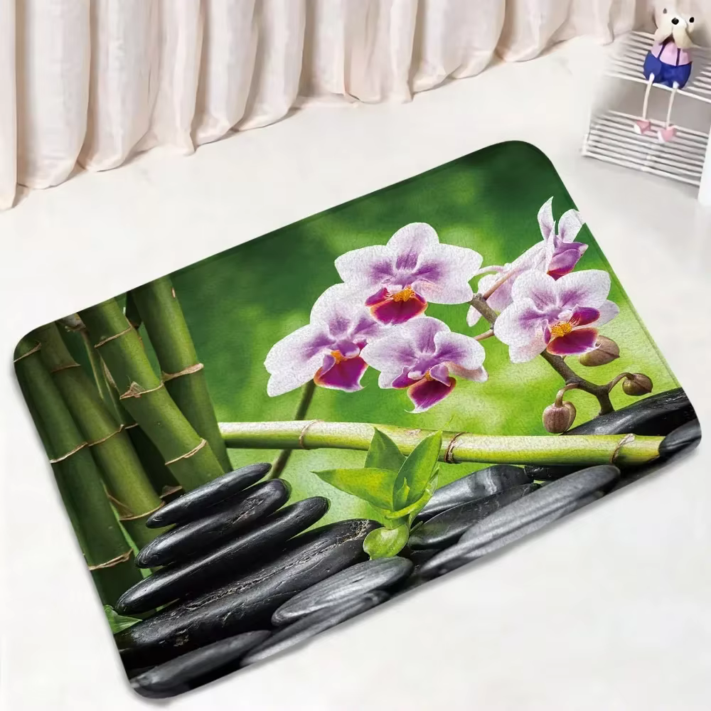 Ensemble de tapis de bain en bambou vert Zen, fleur d'orchidée naturelle, plante en pierre noire, ta