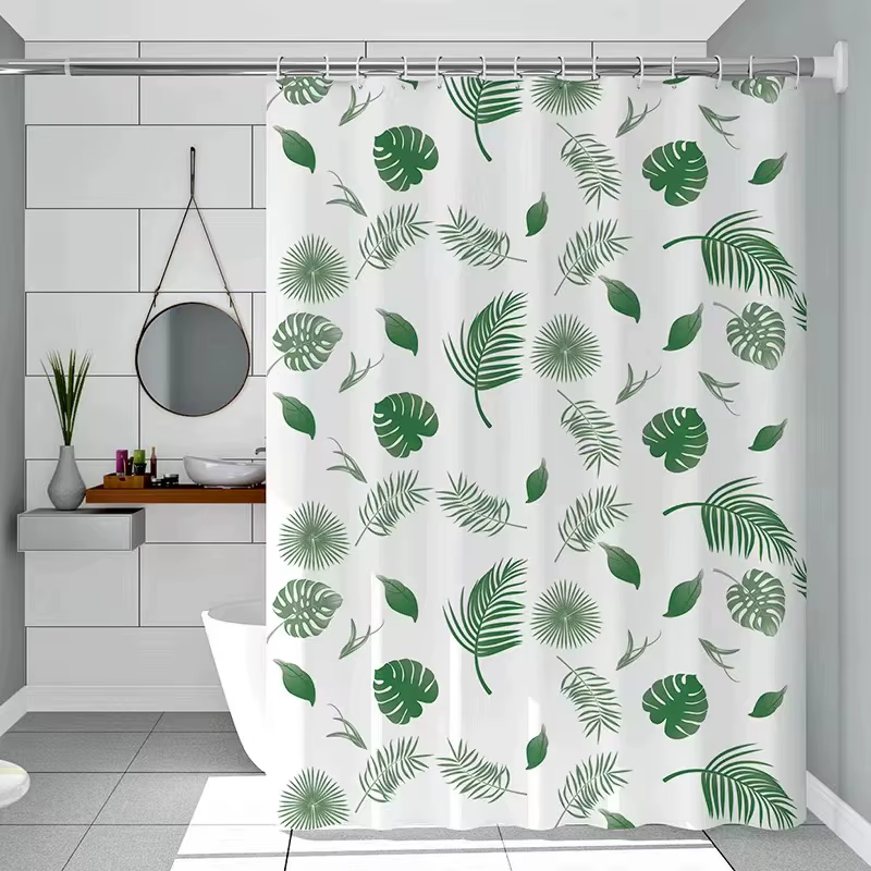 Rideau de douche simple motif feuilles vertes, séchage rapide, lavable, semi-opaque, pour salle de b