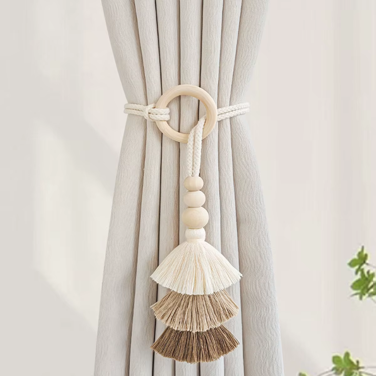 1 pièce Attache-rideau en macramé avec perles en bois, style minimaliste coréen doux couleur crème, 