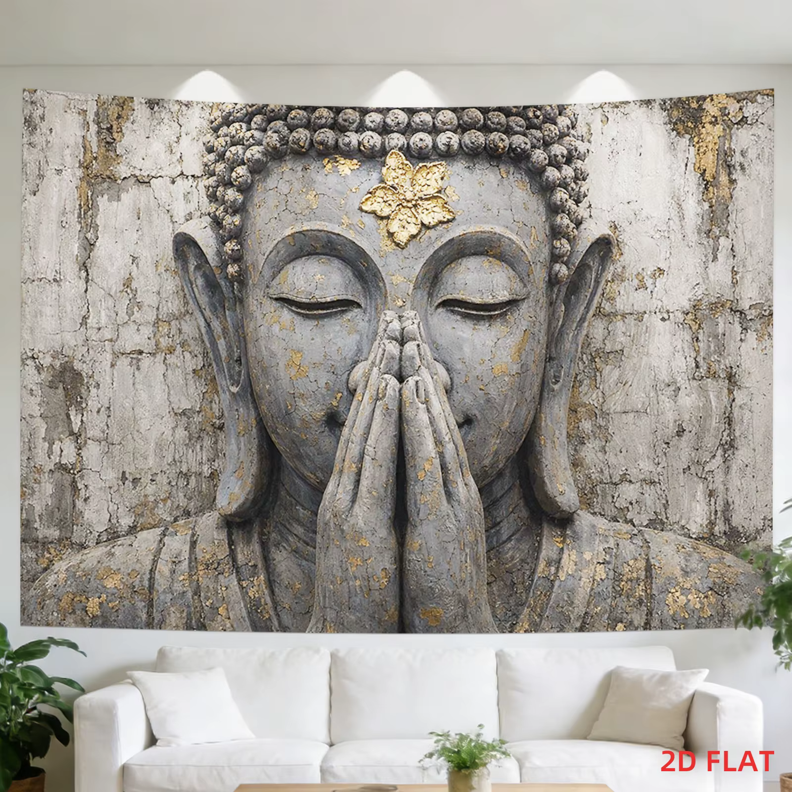 Tapisserie avec statue de Bouddha, mains en prière et feuille d'or, 180x280cm, décoration murale, dé