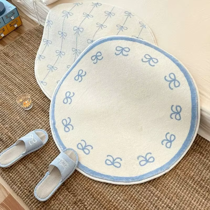 Tapis rond doux et moelleux bleu avec nœud papillon, idéal pour chambre à coucher, salon, décoration