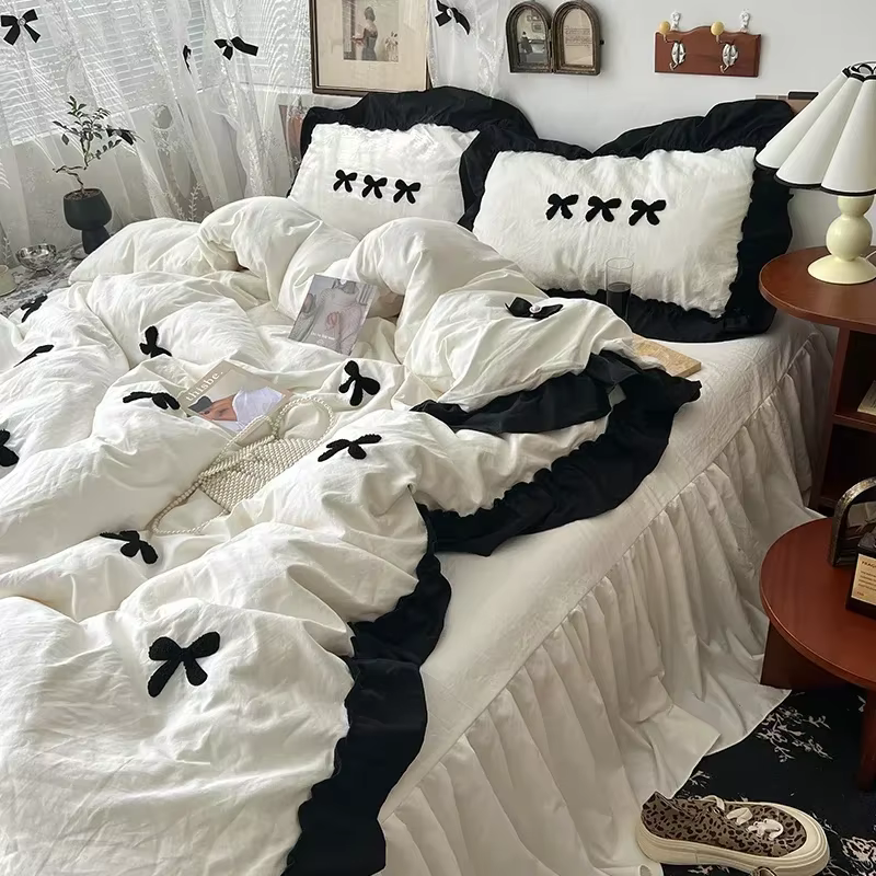 Parure de lit en coton avec nœud noir, housse de couette douce et douce pour fille mignonne de Style