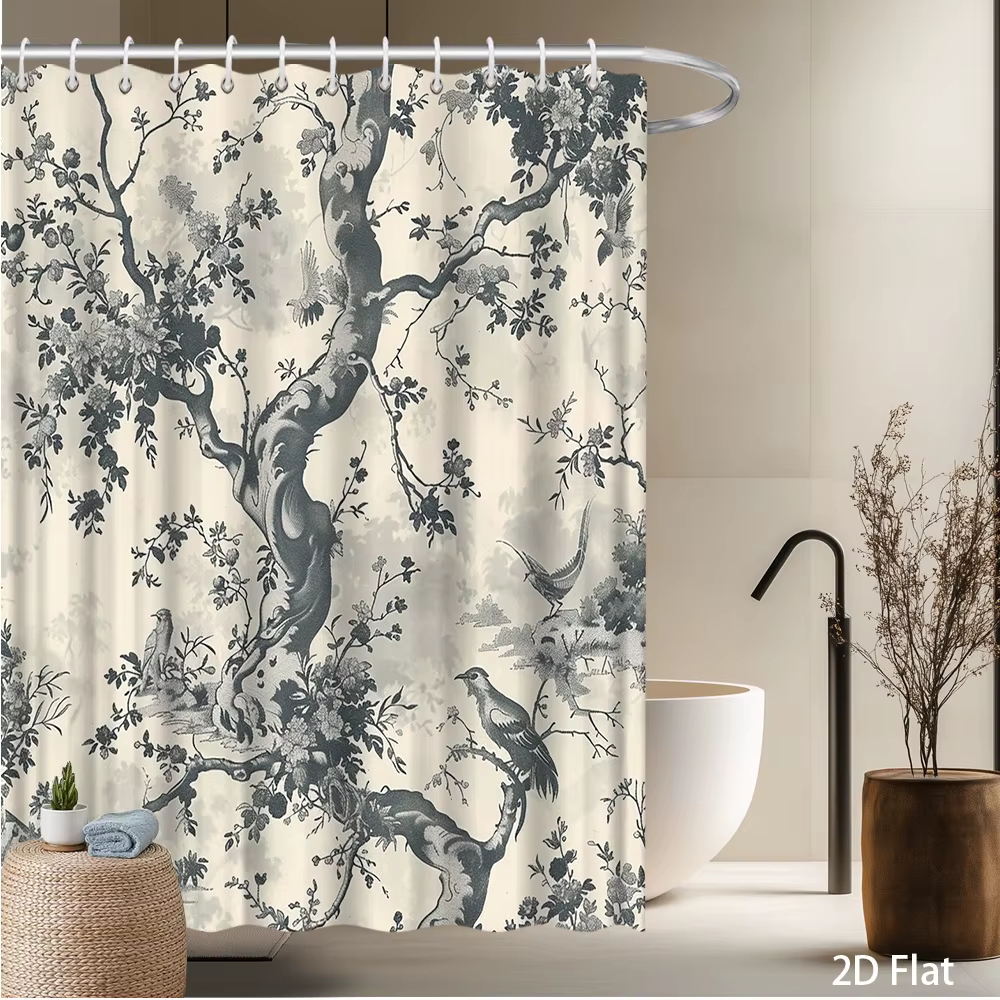 Rideau de douche botanique avec motif d'arbres et d'oiseaux – Imprimé nature gris-blanc, design élég