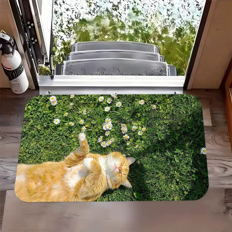 Paillasson antidérapant et absorbant à motif chat tigré orange endormi et marguerite verte, pour ent