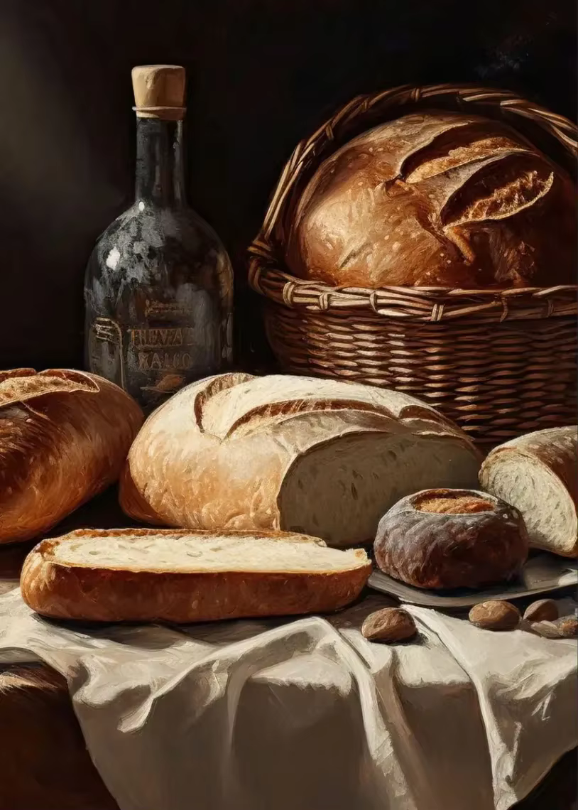 Affiche vintage AZNM sur le thème de la boulangerie, du café, du pain et des flocons d'avoine, impre