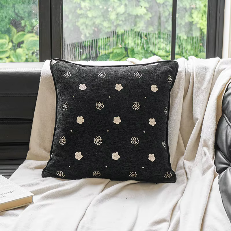 Housse de coussin vintage française à volants, en chenille de luxe à imprimé floral, pour canapé et 