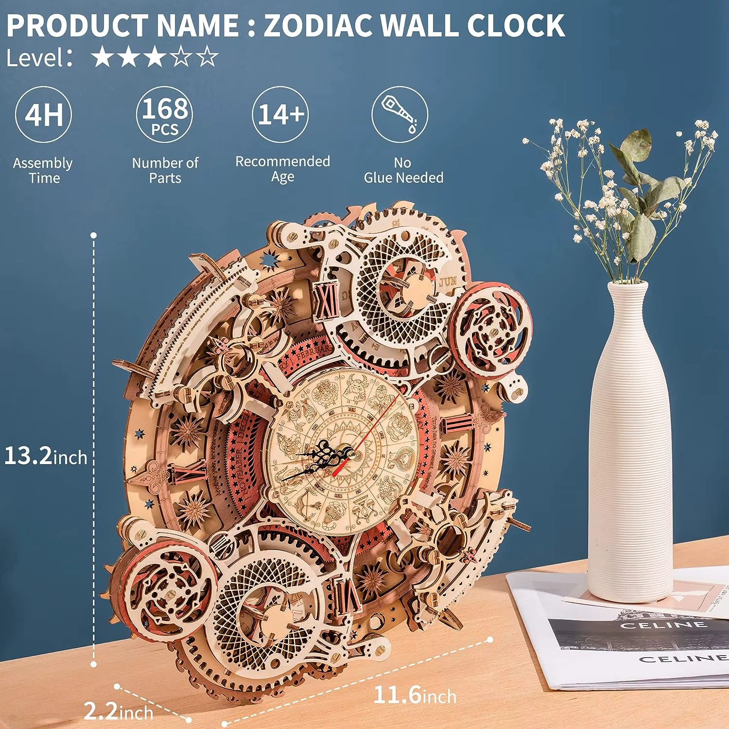 ROKR Puzzles 3D en bois, Kit d'horloge murale mécanique Steampunk DIY, Horloge à quartz esthétique p