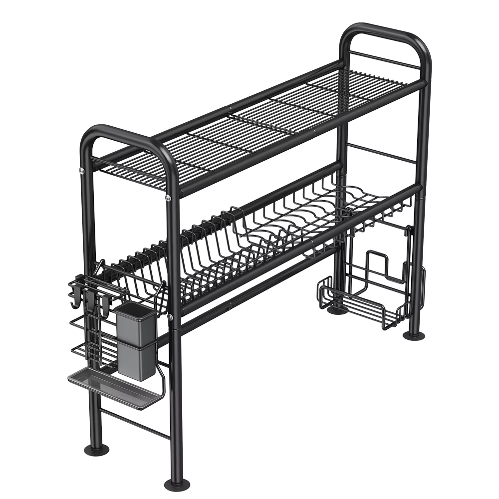 Égouttoir à vaisselle à 2 niveaux pour évier, grand égouttoir à vaisselle en métal avec porte-ustens