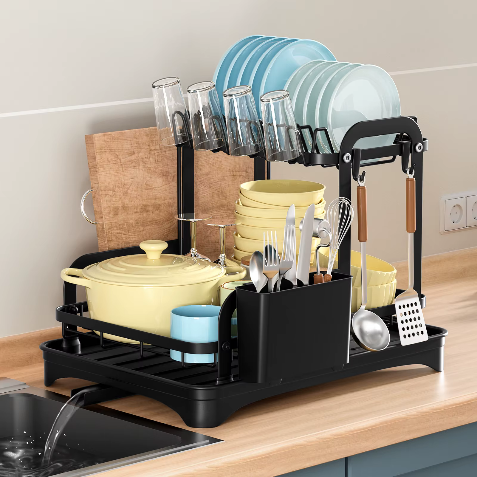 Égouttoir à vaisselle à 2 niveaux, support de rangement, organisateur de cuisine avec panier de vida