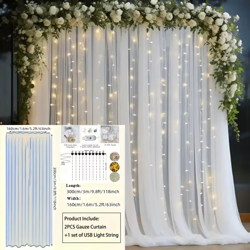 Rideaux de fond en tulle LED, avec 300 lumières, pour fête d'anniversaire, mariage, remise de diplôm