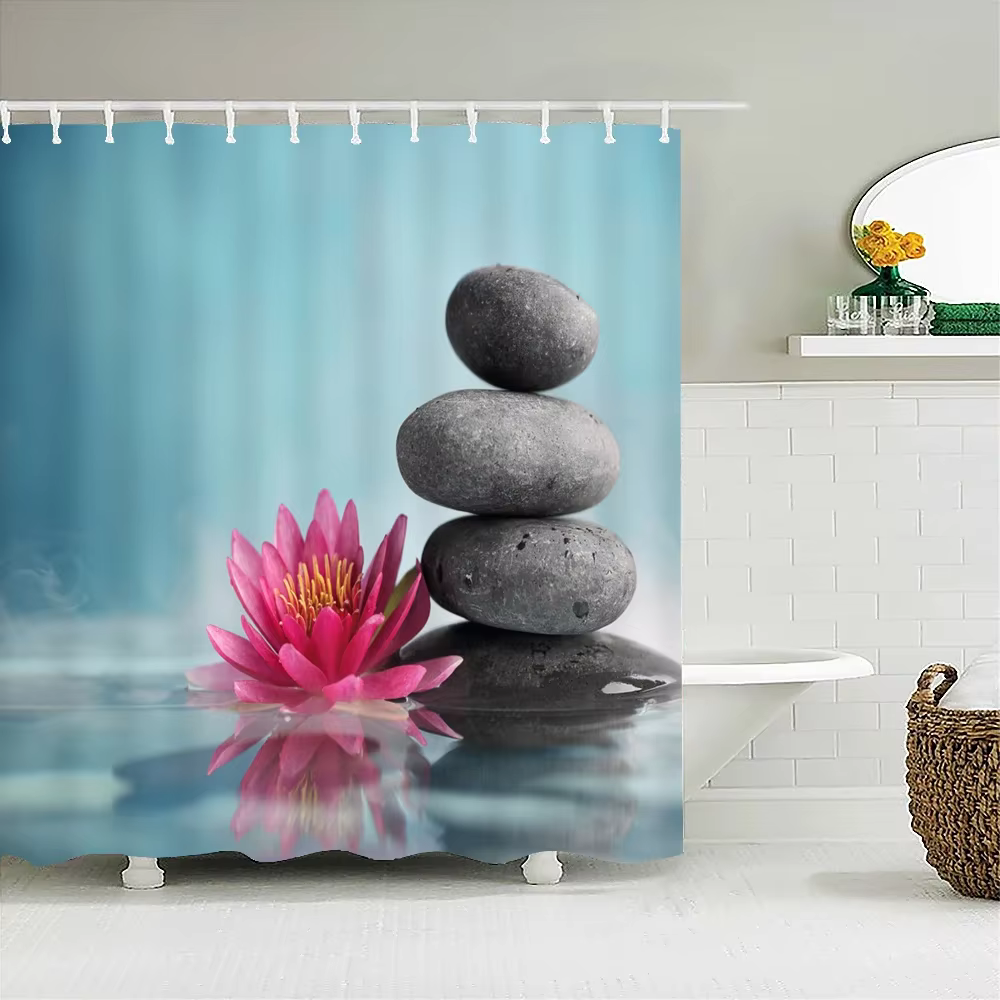 Rideau de douche Zen Stone Meditation, thème spa relaxant, bambou vert, orchidée, tissu en polyester