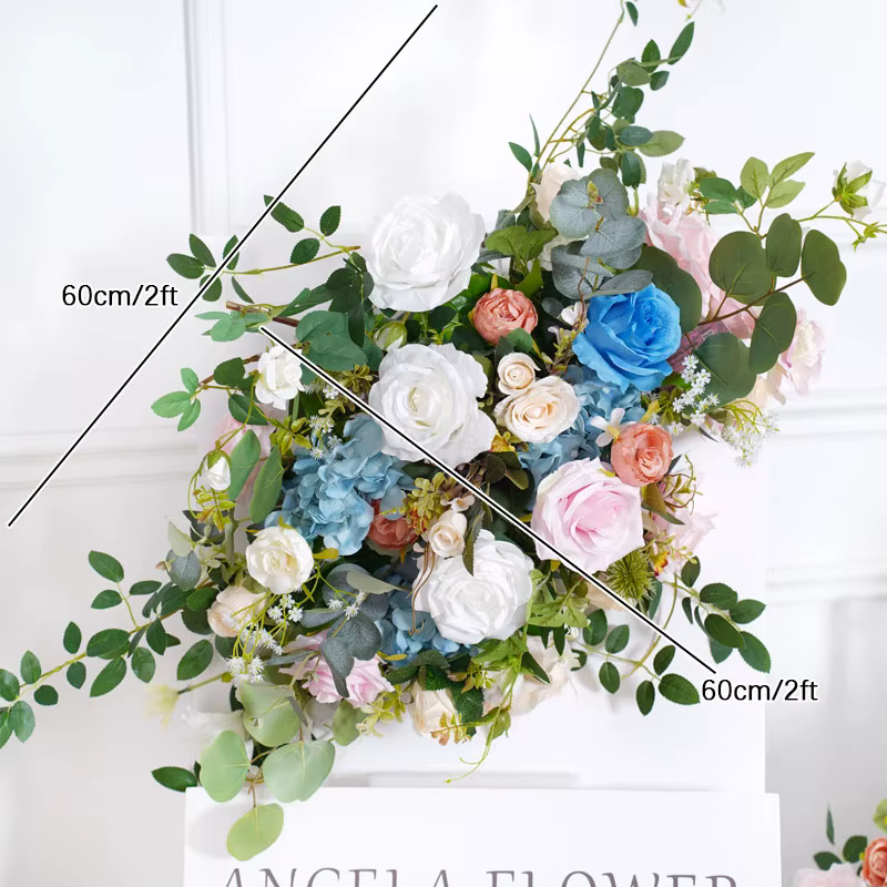 Cadre d'arrière-plan de mariage, décor bleu, Rose, feuilles vertes, rangée de fleurs, Arrangement Fl