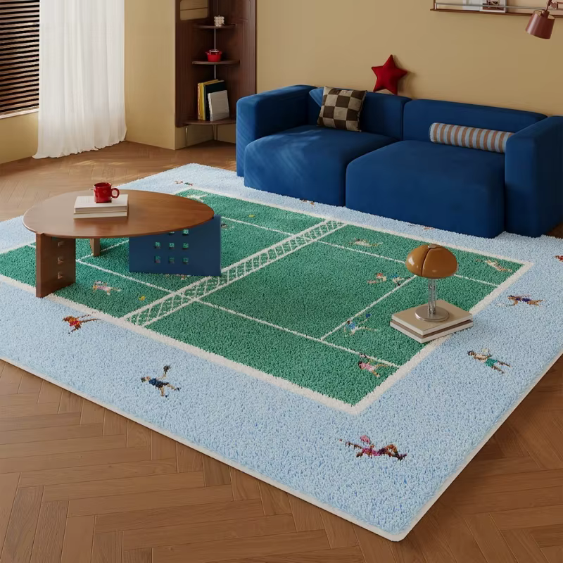 Tapis pour salon, tapis moelleux en fausse fourrure de cachemire, tapis bleu imprimé, tapis de chamb