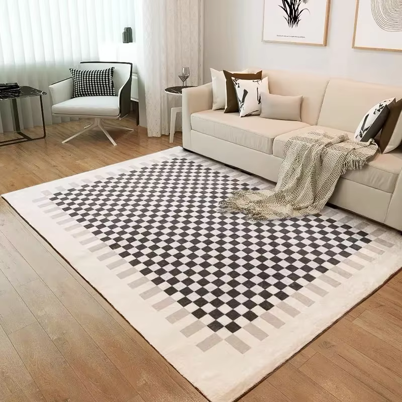 Tapis en damier rétro pour chambre à coucher, décoration de maison, tapis de sol en peluche douce et