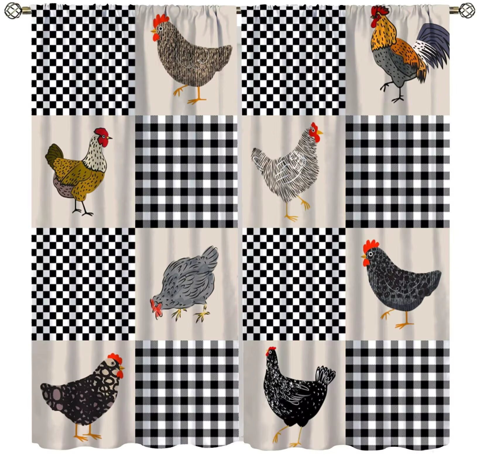 Rideau occultant vintage à passe-tringle, motif patchwork à carreaux poulets de ferme, poules et coq