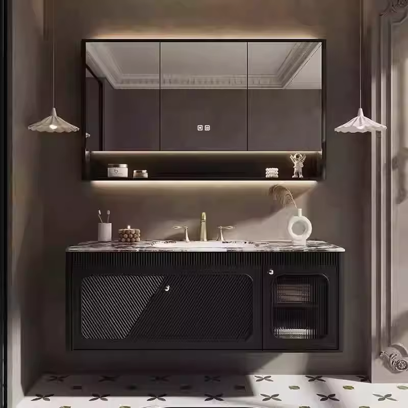 Meuble de salle de bain de luxe avec tiroirs de rangement, miroir sur pied, étagères murales et vasq