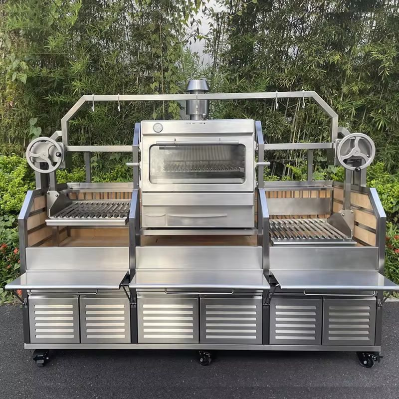 Barbecue argentin sur chariot en acier inoxydable, gril au charbon de bois Gaucho Santa Maria, foyer