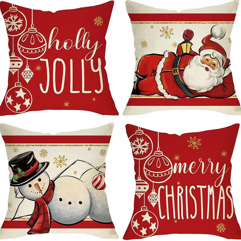 Housse de coussin thème de noël, taie d'oreiller en coton et lin imprimé pour canapé, maison, bureau