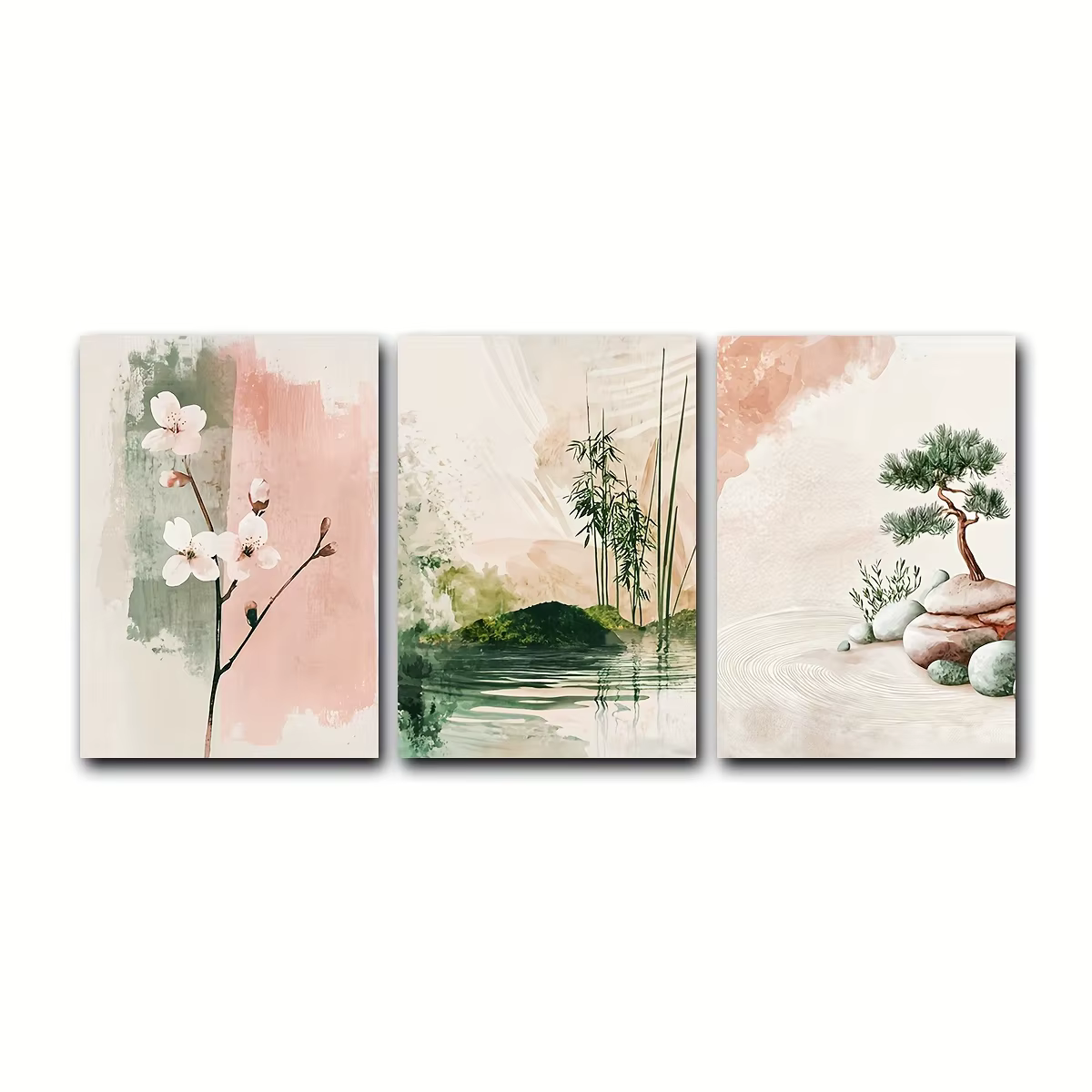 Lot de 3 tableaux muraux Japandi Zen Paysage Fleur de cerisier & Bonsaï – Affiche d'art minimaliste 