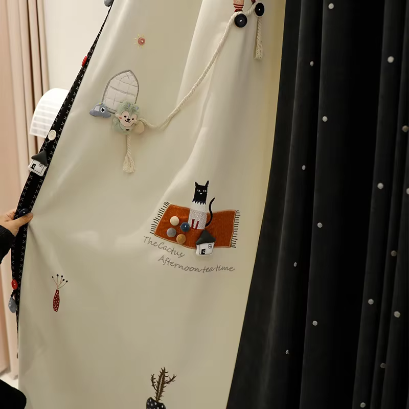 Rideaux en chenille de dessin animé nordique pour chambre d'enfant, rideaux de chat personnalisés, s