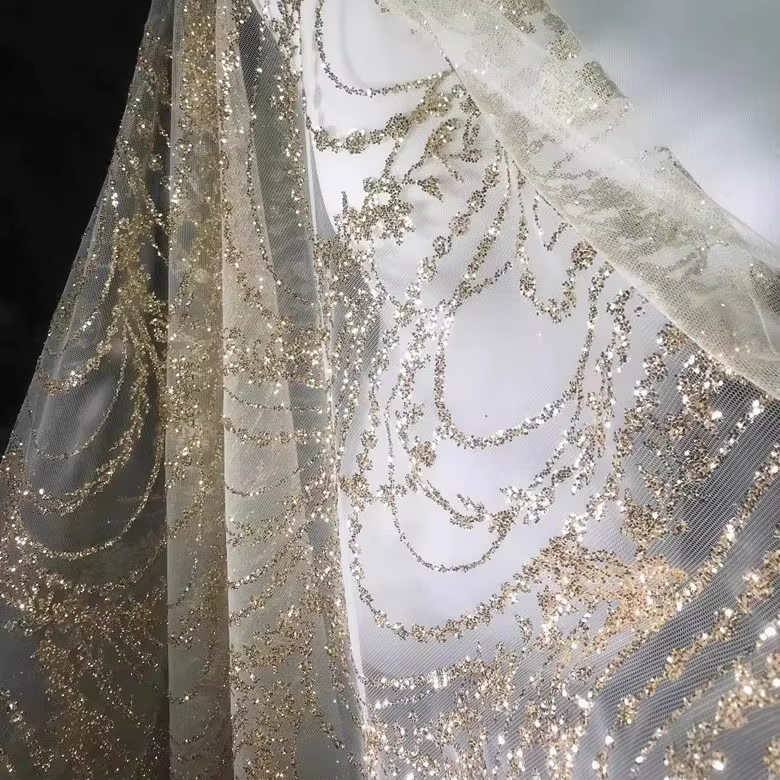 Tissu en dentelle de fil de filet bronzant blanc doré, 130cm de large, bricolage, coudre des vêtemen