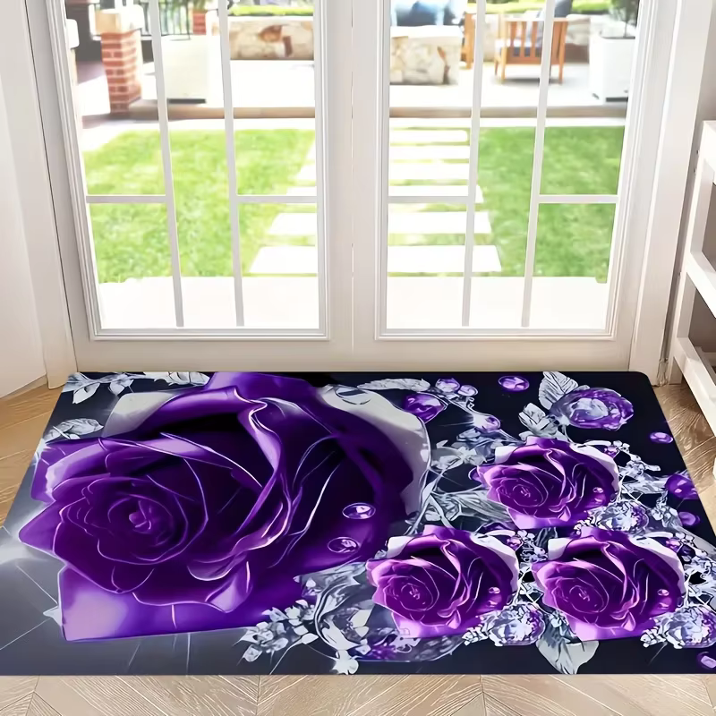 Tapis d'entrée élégant, motif rose violette et cristal, antidérapant, imprimé, pour entrée, salle de