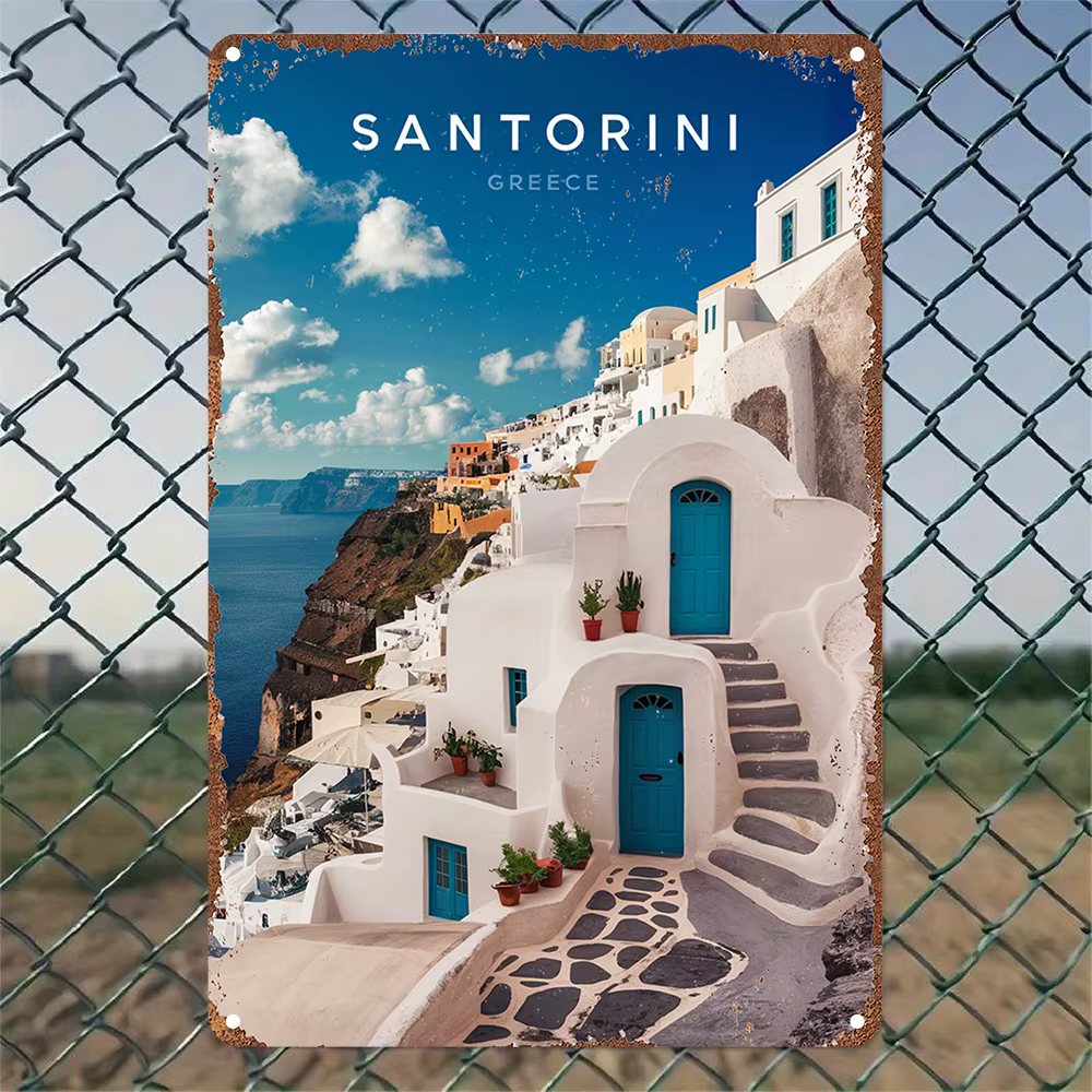 Décoration murale vintage en aluminium – Impression de paysage de Santorin, Grèce – Décoration durab