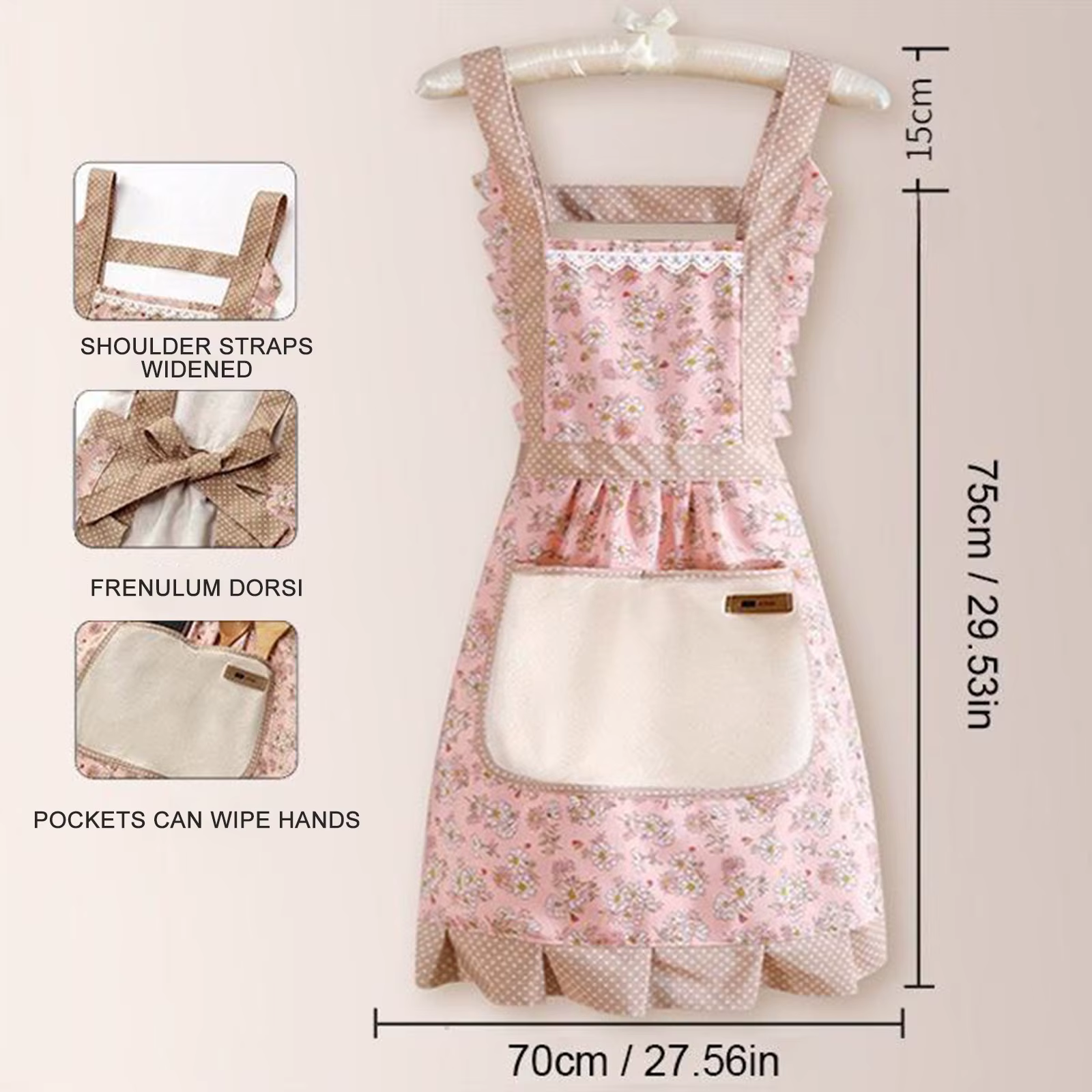 Tablier de cuisine à bretelles croisées, imprimé floral, essuyable, avec poche et bord festonné, pou
