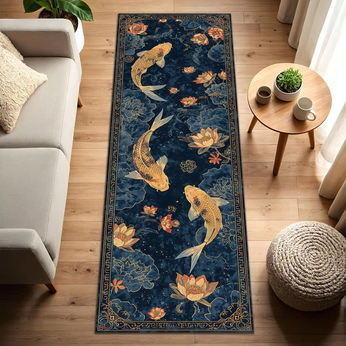 Tapis de sol vintage chinois motif carpes koï et fleurs de lotus, antidérapant, lavable, tapis décor